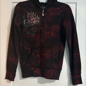 Sinful Maroon and Black Hoodie with Embroidered Rose sz: small